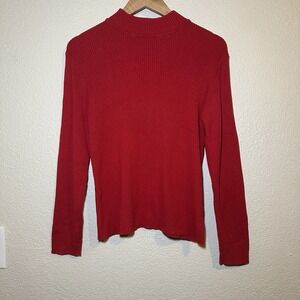 Jennifer Moore Women Large Turtleneck Sweater Top  Red Ribbed Layer Preppy Basic